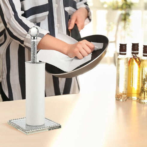 13 Inch Silver Crystal Standing Paper Towel Roll Holder, Square Base Standing Paper Towel Stand with Sparkly Crystal