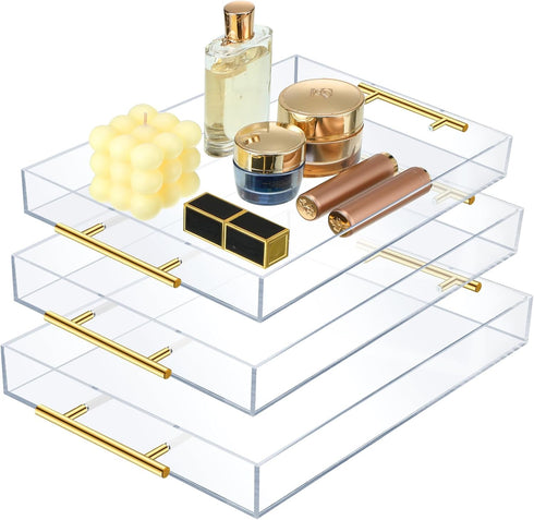 meekoo 3 Pcs Tray with Handles - Clear Acrylic Serving Tray, Spill Proof Decorative Organizer for Coffee Table