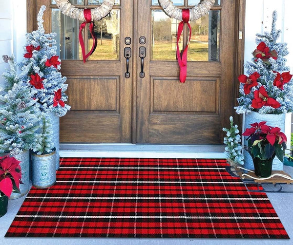 Christmas Outdoor Rugs 24 x 51'', Black Red Buffalo Plaid Hand-Woven Indoor/Outdoor Layered Door Mats