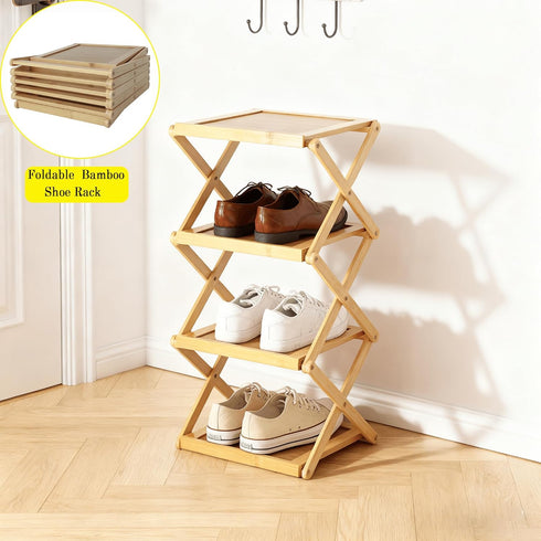 4 Closet(Original Tier Foldable Shoe Rack, Natural Bamboo Space Saving Shoe Storage Organizer,Easy Assembly & Strong