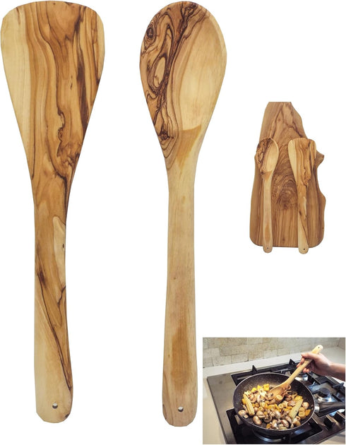 Olive Wood Spoon & Curved Spatula Set of 2 Pieces, 12 Inch Wooden Utensils for Everyday Cooking