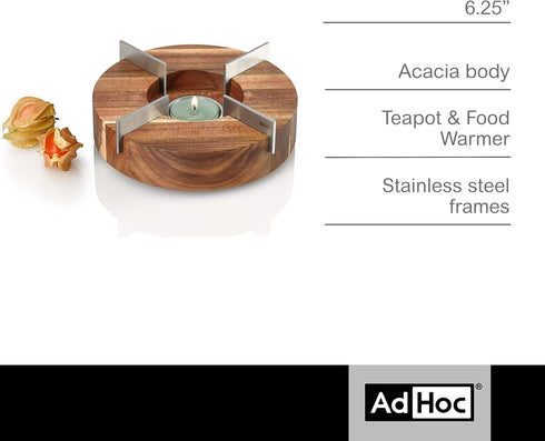 AdHoc Tuto Decorative Teapot and Food Warmer - Portable Warmer for Food & Drinks - Wood Warming Plate with Stainless