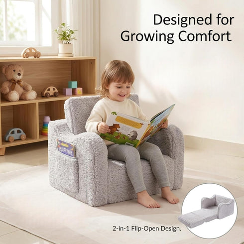2-in-1 Cozy MOMCAYWEX Kids Sofa, Flip-Out Foam Couch with Soft Sherpa Cover, Play Lounge Chair, Grey