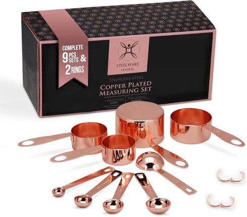 Copper Measuring Cups and Spoons - Stainless Steel 9 Pieces with 2 Rings