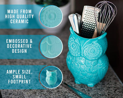 Comfify Decorative Owl Utensil Holder, Aqua Blue Ceramic Cookware Crock & Organizer, 5” x 7” x 4” Size