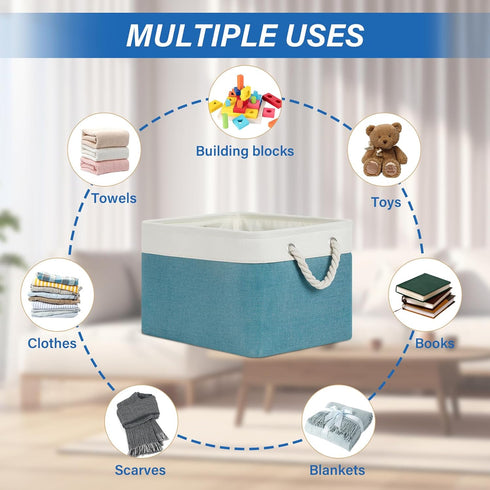Temary Fabric Storage Baskets 4 Pack, Decorative Bins with Rope Handle for Gift, Clothes, Blankets (White & Teal,