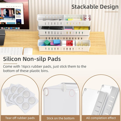 Desk Drawer Organizer Tray, 4 PCS Plastic Office Organizer Set with Non-Slip Silicone Pads, White