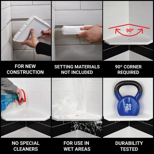 Questech 5" Shower Soap Dish Shelf for Inside Shower, Bath Organizer for Tiled Walls, Bright White Polished