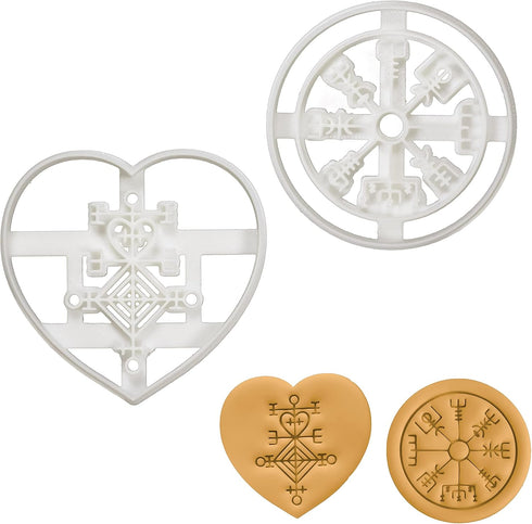 Set of 2 Icelandic Magical Stave Cookie Cutters - Designs: Love Charm Astarstafur & Runic Compass Vegvisir (2 pieces) -