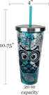 Spoontiques Glitter Filled Acrylic Tumbler - 20 oz Glitter Cup with Straw, Double Wall Insulated, BPA Free, Blue Owl