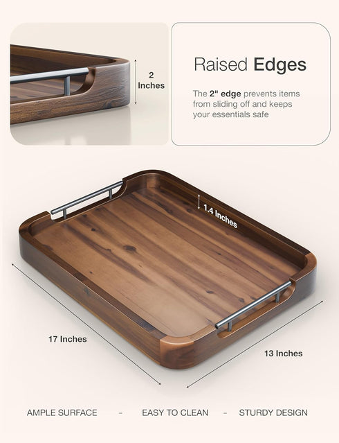 17"x13" TIDITA Ottoman Tray for Living Room Rectangle Serving Tray with Handles Acacia Wooden Tray for Coffee Table