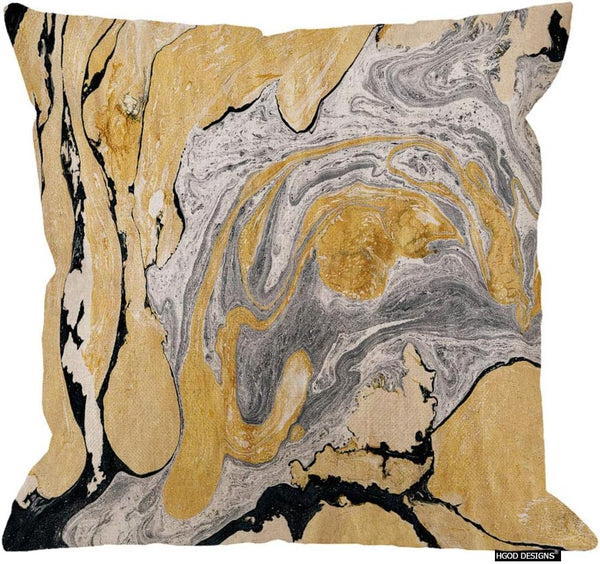 HGOD DESIGNS Throw Pillow Cover, Black Gold Silver Marble Ink Abstract Painting, 18x18 Inches