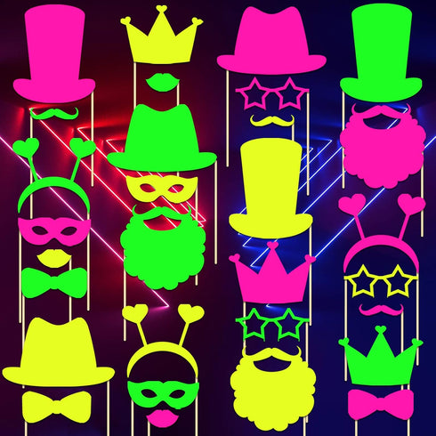 Skylety 42 Pcs Neon Photo Booth Props, Fully Assembled Colorful Fluorescent Paper for Birthday, Wedding, Halloween,