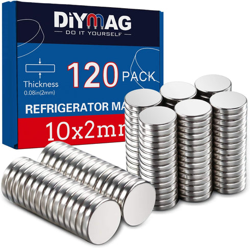 DIYMAG 120Pcs Premium Brushed Nickel Refrigerator Magnets 10x2mm, Small Round Cylinder Fridge Magnet