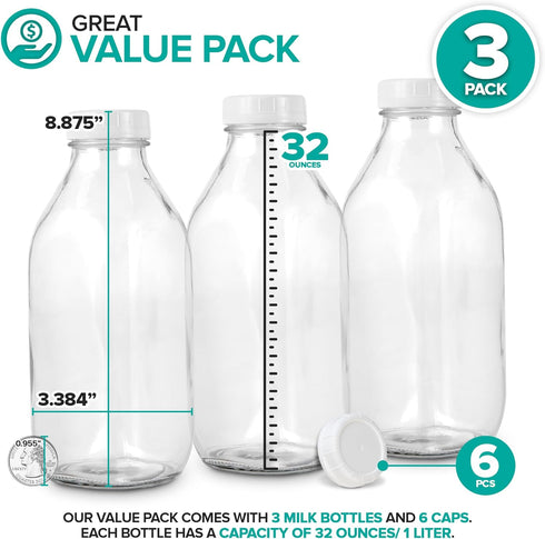 Stock Your Home Liter Glass Milk Bottle with Lid (3 Pack) 32 Oz Jugs and 6 White Caps, Reusable Food Grade Milk Container for Refrigerator, Bottles for Juice, Oat or Plant Milks, Water, Honey