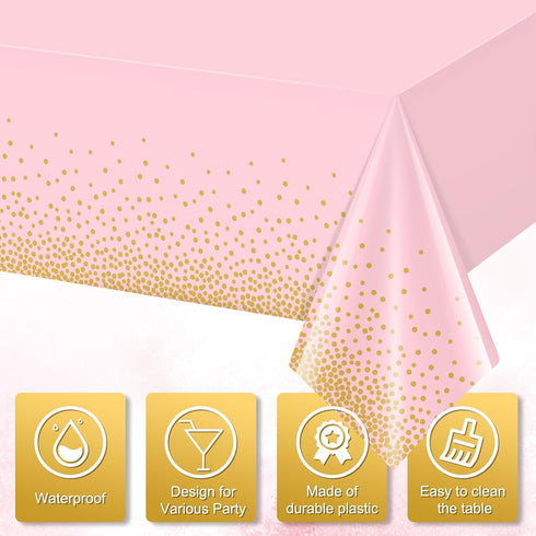 4 Pack 54x108 FunnyPars Pink and Gold Plastic Tablecloth for Parties, Pink Disposable Table Cloth for Rectangle Tables
