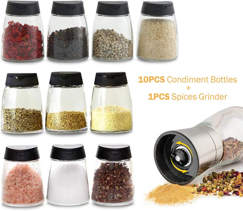 Celiseaya (10 1PCS Glass Spice Jars, Double Lids Seasoning Shakers Glass Bottles Spice Shakers Sifter Barbecue Salt
