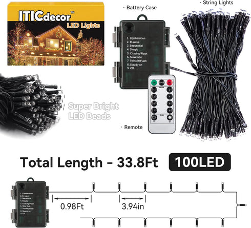 33ft 100 8 ITICdecor Christmas String Lights LED Battery Fairy Lights for Indoor Outdoor Waterproof with Remote Control
