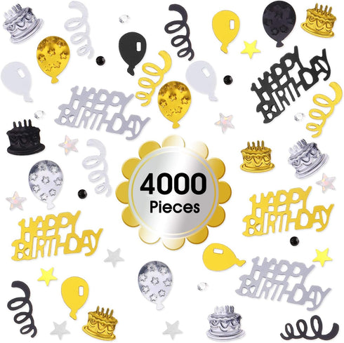 WILLBOND 4000 Pcs Black Gold Silver Birthday Confetti, Metallic Foil Table Scatter for Birthday Wedding Anniversary