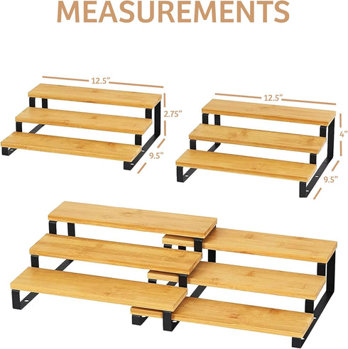 RoyalHouse Bamboo and Metal Expandable Spice Rack Organizer, 3-Tier Adjustable Kitchen Cabinet Countertop Display Shelf
