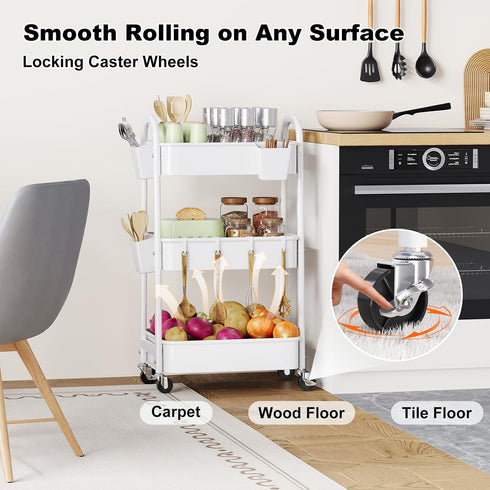Rcemlip 3 Tier Rolling Cart with Wheels for Pantry Organizers and Storage, Metal Utility Kitchen Cart for Fruit
