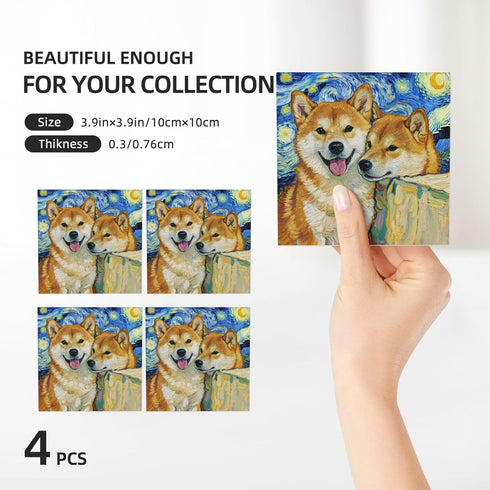 Set 4, 4 Inch Van Gogh Shiba Inu Coasters for Drinks of Watercolor Dog Absorbent Diatomite Ceramics Coasters for Coffee