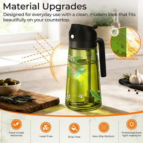 2 1 Set 16OZ/470ML Set 2 COOLMI Oil Sprayer for Cooking, in Olive Oil Dispenser Bottle for Kitchen, Food-Grade Glass