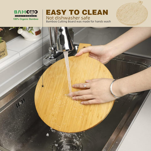 BAMOTTO Round Bamboo Cutting Board with Handle, Decorative Charcuterie Board for Kitchen Pizza and Snacks
