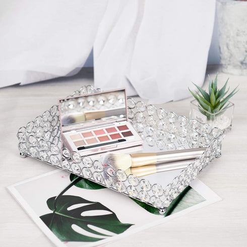 Feyarl Crystal Vanity Makeup Tray, Ornate Jewelry Trinket Organizer, 12" x 8" Silver Decorative Tray