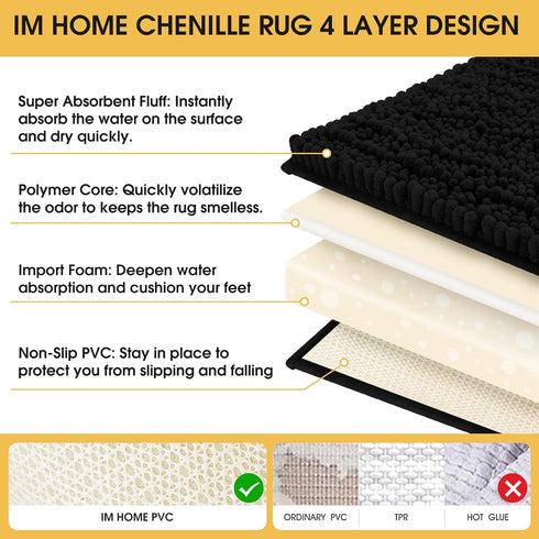 Upgrade Luxury Black Bathroom Rug Mat, 17"x47.5", Ultra Soft Thick Absorbent Non-Slip Chenille