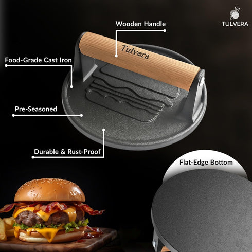6.1 Smash Burger Press | Cast Iron Hamburger Smasher Tool | Flat-Edge Meat Press for Hamburgers, Bacon, Outdoor Kitchen
