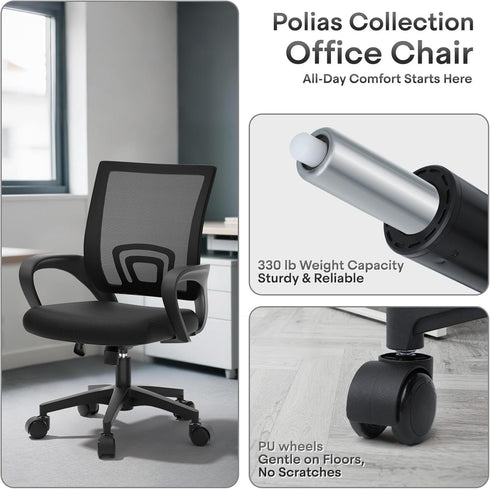 Polias 330Lbs, Ergonomic Office Chair - Breathable Mesh Computer Desk Chair with Lumbar Support & Armrest, Rolling