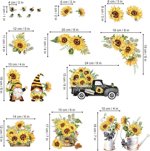 decalmile Sunflower Double Sided Window Clings, Gnomes Summer Flowers Window Stickers for Glass Doors