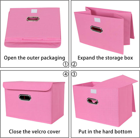 Linen Fabric Foldable Storage Cube Bin Organizer, 3Pcs Fabric Bins with Lid and Leather Handles for Home, Closet, Pink