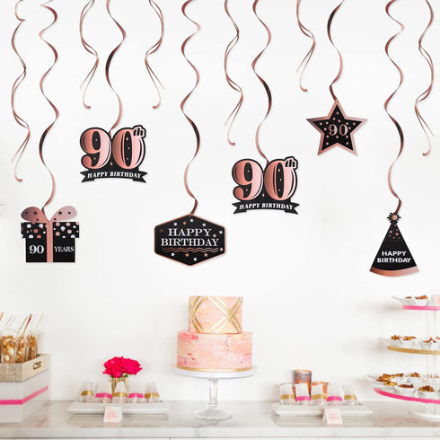 LINGTEER Happy 90th Birthday Decorations, 12 Pcs Black & Rose Gold Foil Swirls Streamer Set for Bday Party Gift
