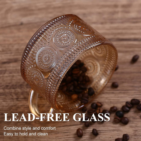 14 Oz Set 4 Amber Vintage Glass Coffee Mugs gifts for women, of Embossed Glassware Tea Cups for Breakfast, Cappuccino