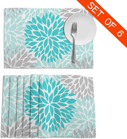 Turquoise Blue and Gray Placemats, Set of 6 Washable Table Place Mats for Kitchen Dining, 12 X 18 Inch