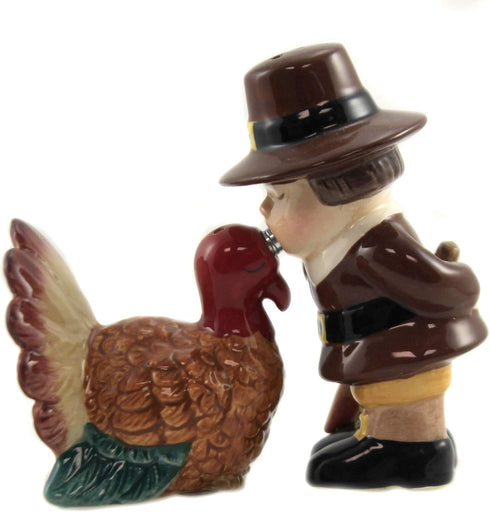 Pacific Giftware Turkey and Pilgrim Magnetic Ceramic Thanksgiving Salt and Pepper Shakers
