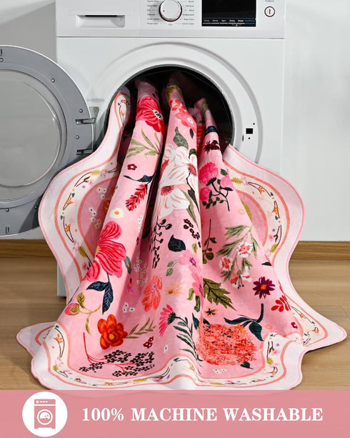 Macgace 5ft Pink Round Rug for Girls Bedroom, Machine Washable Floral Area Rugs with Non Slip Backing, Cute Flower