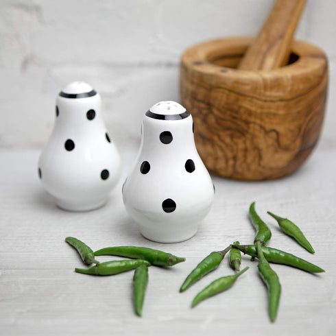 City to Cottage Ceramic Salt and Pepper Shakers Set, Handcrafted White and Black Polka Dot Spice Shakers, Farmhouse