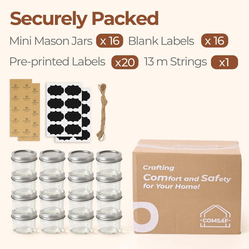4oz 16PCS, ComSaf Mini Mason Jars Bulk Regular Mouth Mason Jar with Lids and Seal Bands, Small Glass Canning Jar