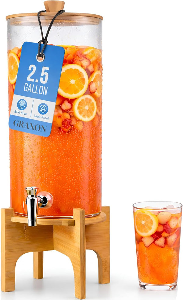 GRAXON Drink Dispenser with Bamboo Stand & Spigot (2.5 Gallon) Large Plastic Beverage