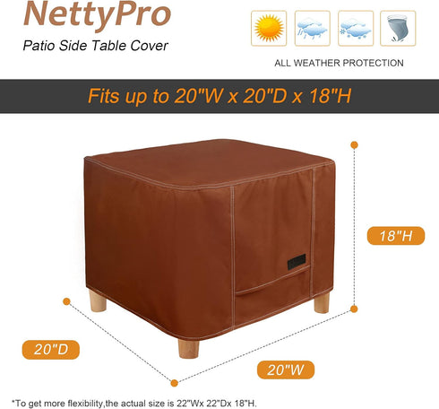 20 20 Inch NettyPro Outdoor Patio Side Table Cover x Waterproof Square Ottoman Table Cover All Weather Protection Brown