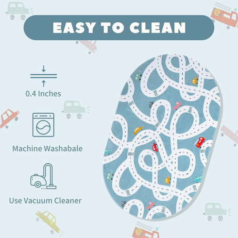 4'x6' LIVEBOX Large Washable Kids Rug, Non-Slip Car Road Rug for Playroom, Fun Kids Room Rugs for Bedroom, Blue Road