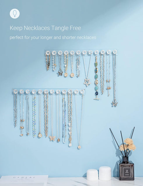 Mymazn 2 Pack Clear Acrylic Necklace Hangers Wall Mounted Jewelry Organizer with 12 Hooks for Girls Women