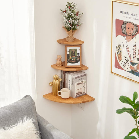 12 inches Oak Corner Shelf Natural Wood Floating Corner Shelves Round End Wall Mounted Display Shelf Corner Plant Stand