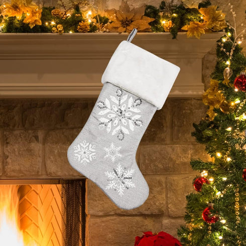 Comfy Hour Let It Snow Collection Silver Snowflake Stocking, 18"x11", Polyester