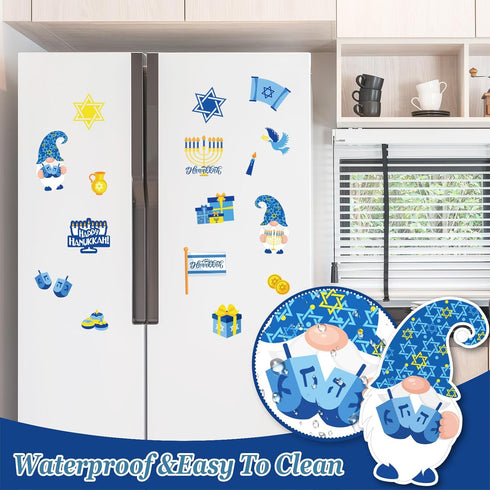 Whaline 17Pcs Hanukkah Fridge Magnets, Yellow Blue White Happy Hanukkah Magnetic Stickers for Holiday Decor