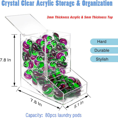 Laundry Pods Container, Acrylic Candy Dispenser with 2 Lids for Laundry Organization, Stand or Wall Mount