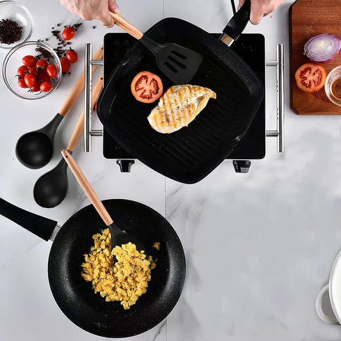 Kitchen Utensils Set, 5 Pcs Non-Stick Silicone Kitchen Cooking Utensils with Wooden Handle, Kitchen Spatula Cookware Utensils Set, Heat Resistant Silicone Kitchen Gadgets (Black)